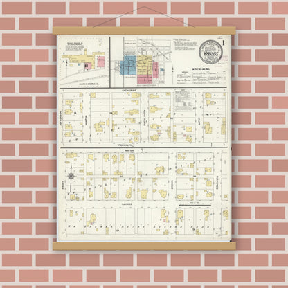 Old map wall art mockup — magnetic wood frame on brick wall — Sanborn Fire Insurance Map from Kansas, Edgar County, Illinois (1910), Sheet #0001