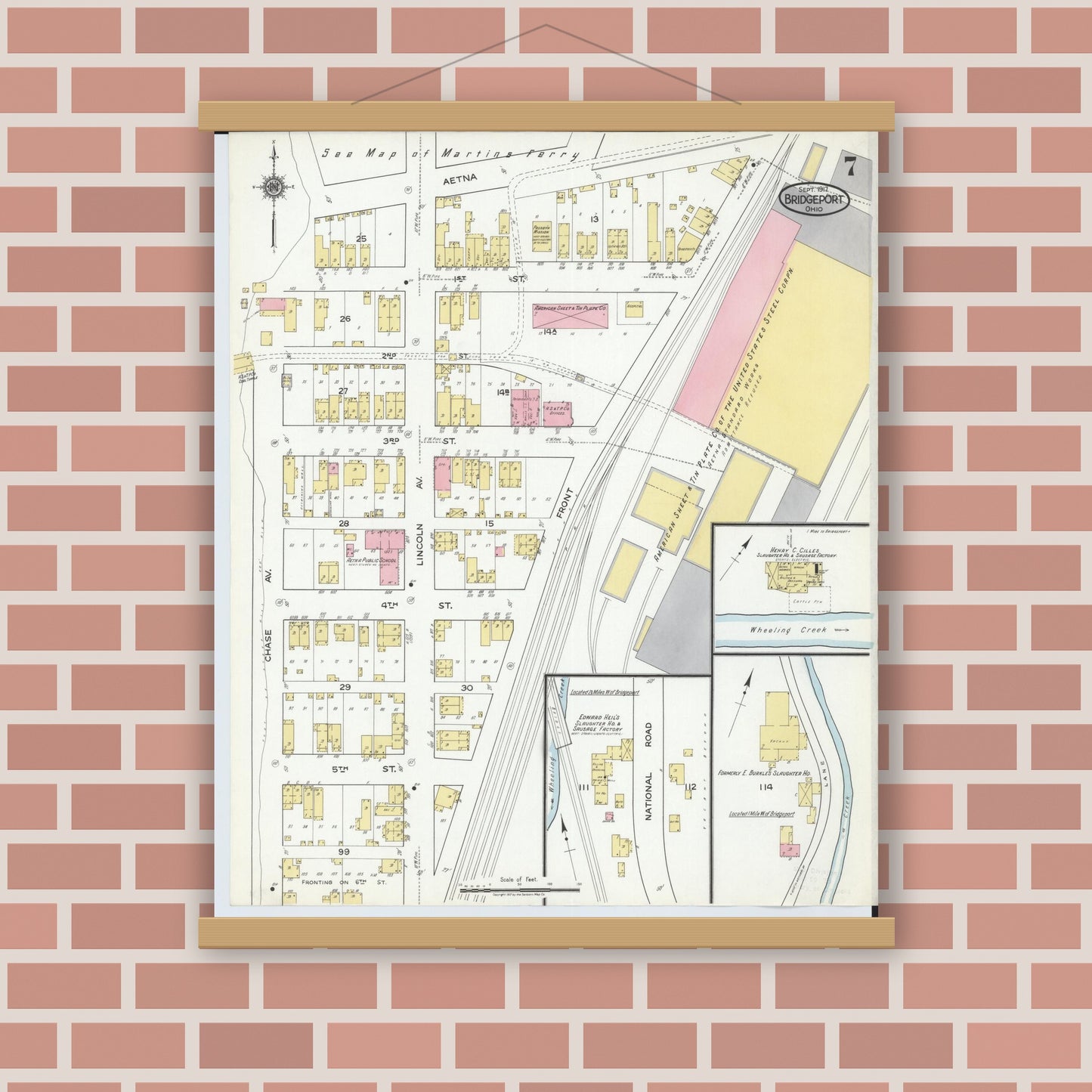 Old map wall art mockup — magnetic wood frame on brick wall — Sanborn Fire Insurance Map from Bridgeport, Belmont County, Ohio (1917), Sheet #0007