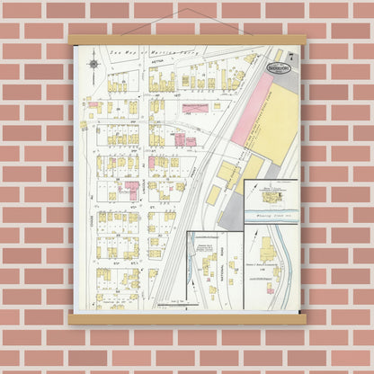 Old map wall art mockup — magnetic wood frame on brick wall — Sanborn Fire Insurance Map from Bridgeport, Belmont County, Ohio (1917), Sheet #0007