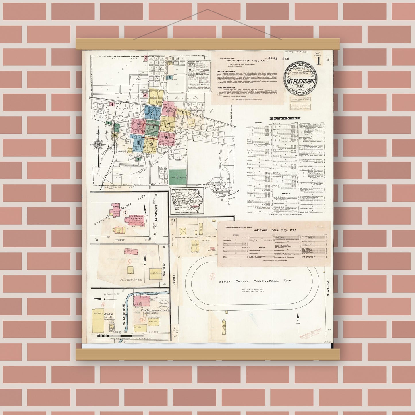 Old map wall art mockup — magnetic wood frame on brick wall — Sanborn Fire Insurance Map from Mount Pleasant, Henry County, Iowa (1942), Sheet #0001