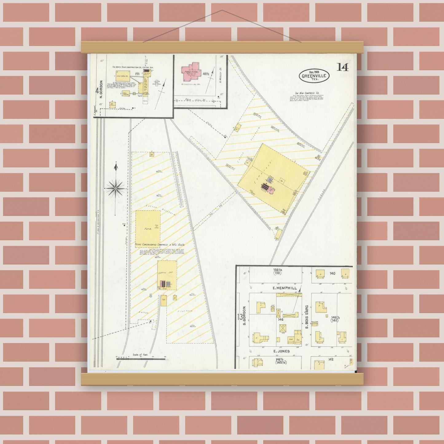 Old map wall art mockup — magnetic wood frame on brick wall — Sanborn Fire Insurance Map from Greenville, Hunt County, Texas (1903), Sheet #0014