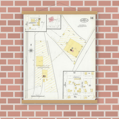Old map wall art mockup — magnetic wood frame on brick wall — Sanborn Fire Insurance Map from Greenville, Hunt County, Texas (1903), Sheet #0014