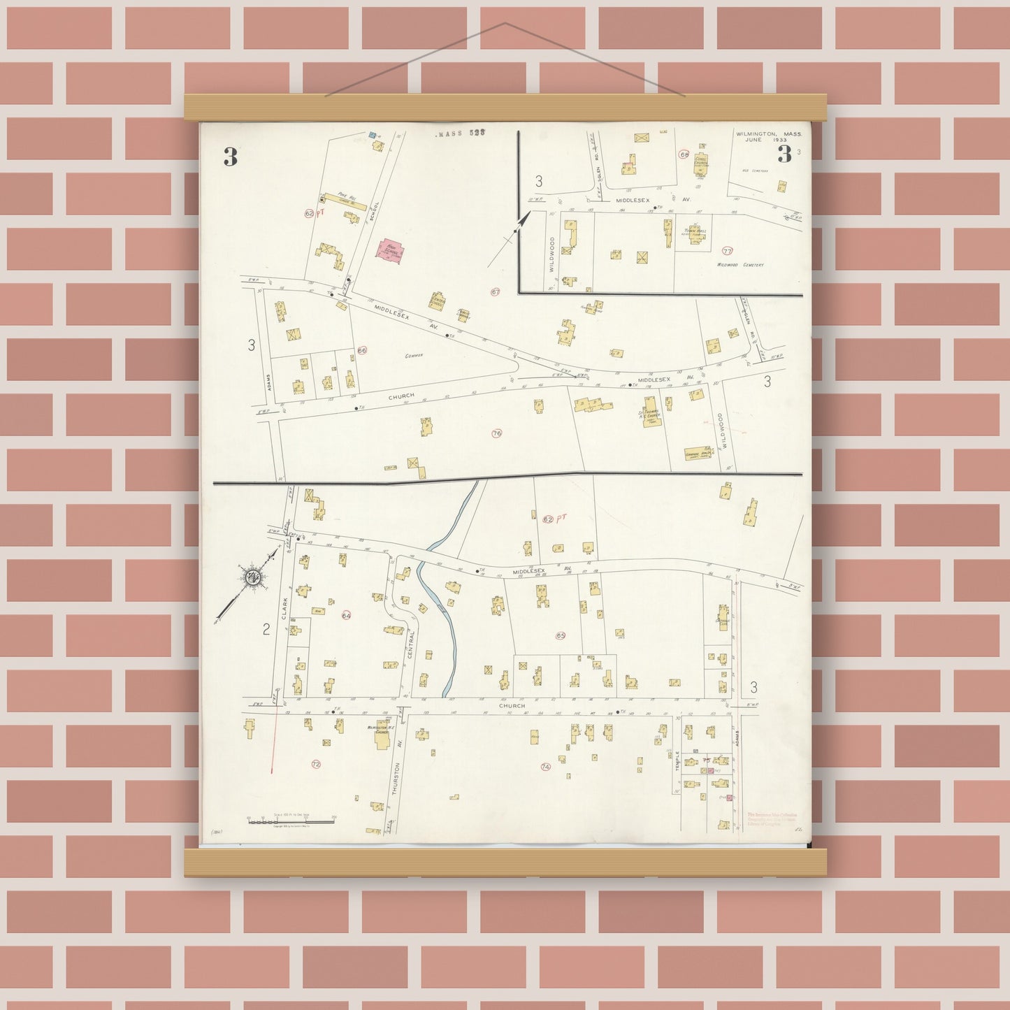 Old map wall art mockup — magnetic wood frame on brick wall — Sanborn Fire Insurance Map from Wilmington, Middlesex County, Massachusetts (1933), Sheet #0003