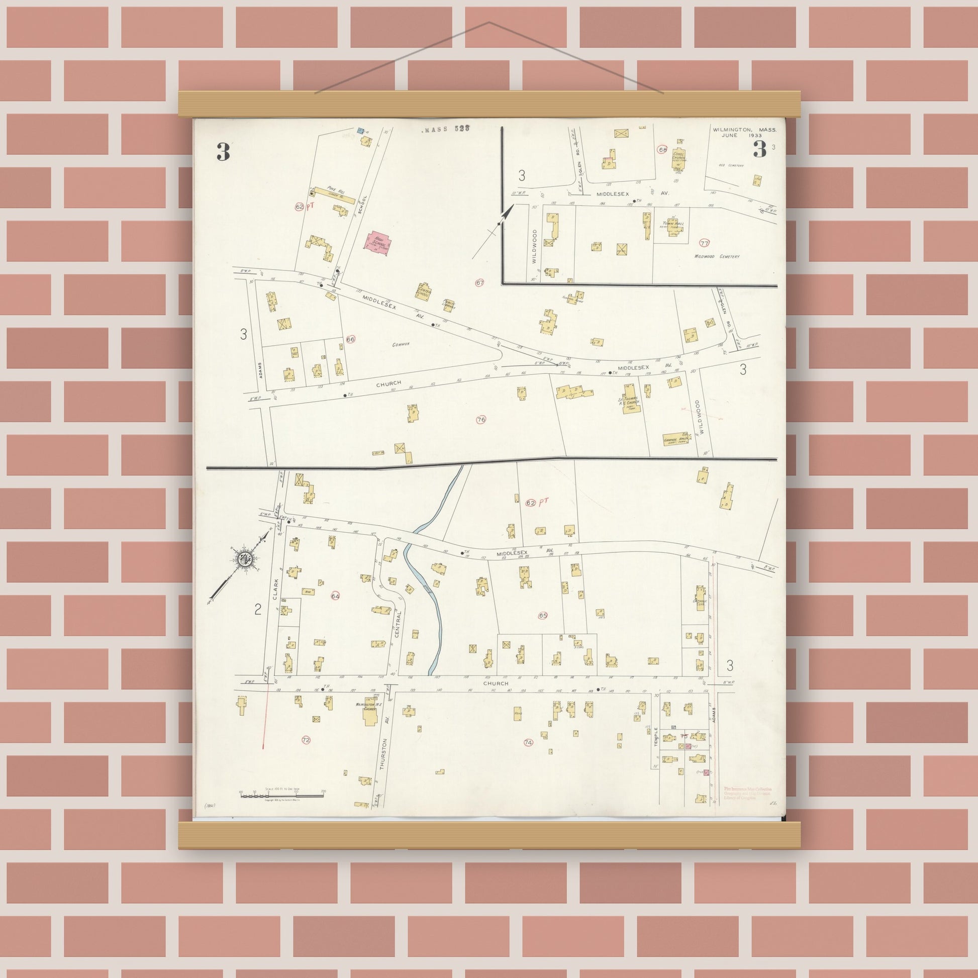 Old map wall art mockup — magnetic wood frame on brick wall — Sanborn Fire Insurance Map from Wilmington, Middlesex County, Massachusetts (1933), Sheet #0003