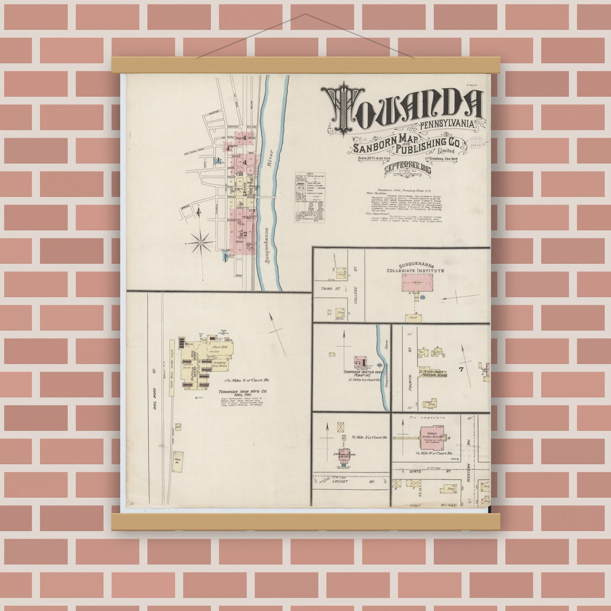 Old map wall art mockup — magnetic wood frame on brick wall — Sanborn Fire Insurance Map from Towanda, Bradford County, Pennsylvania (1885) - Complete Map Set