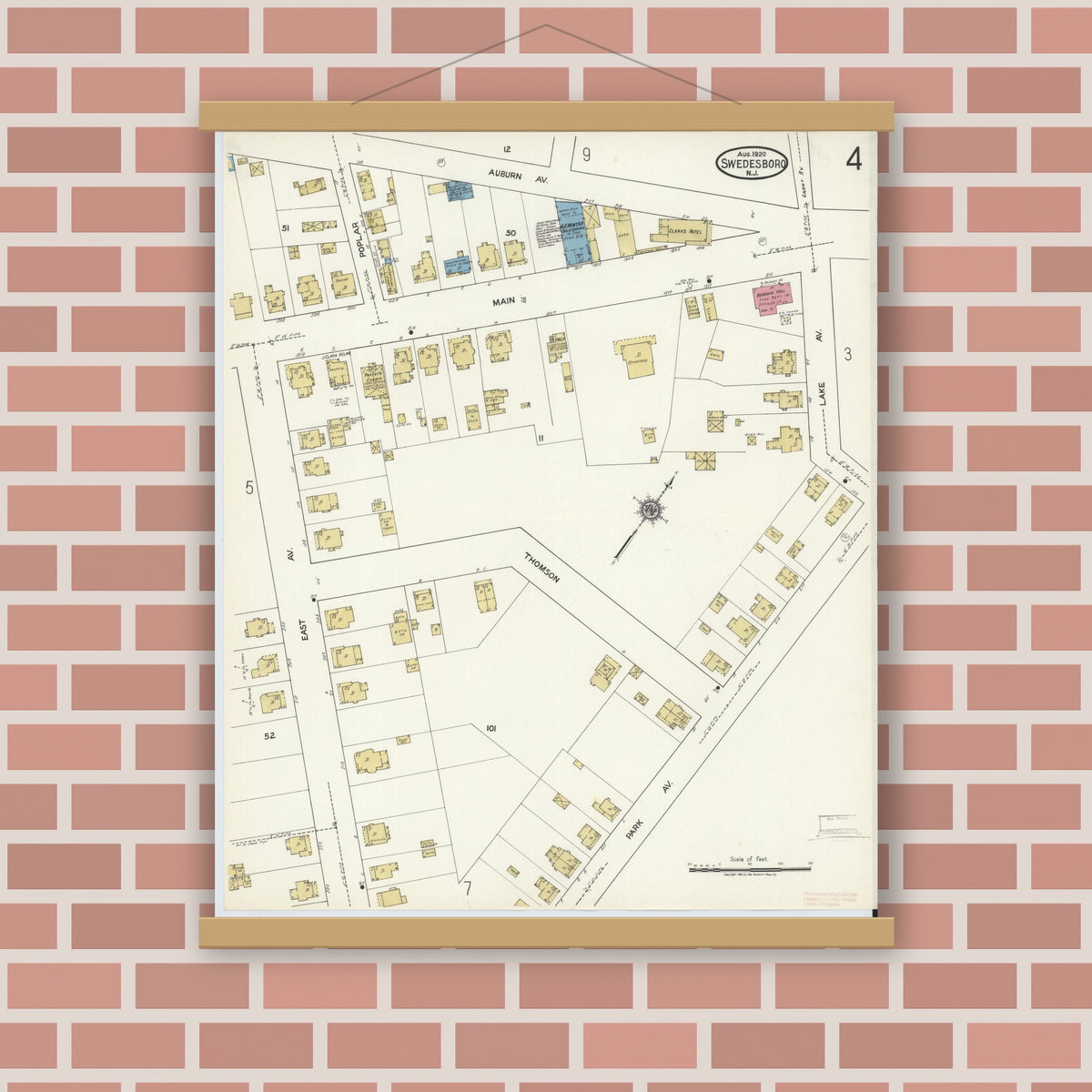 Old map wall art mockup — magnetic wood frame on brick wall — Sanborn Fire Insurance Map from Swedesboro, Gloucester County, New Jersey (1920), Sheet #0004