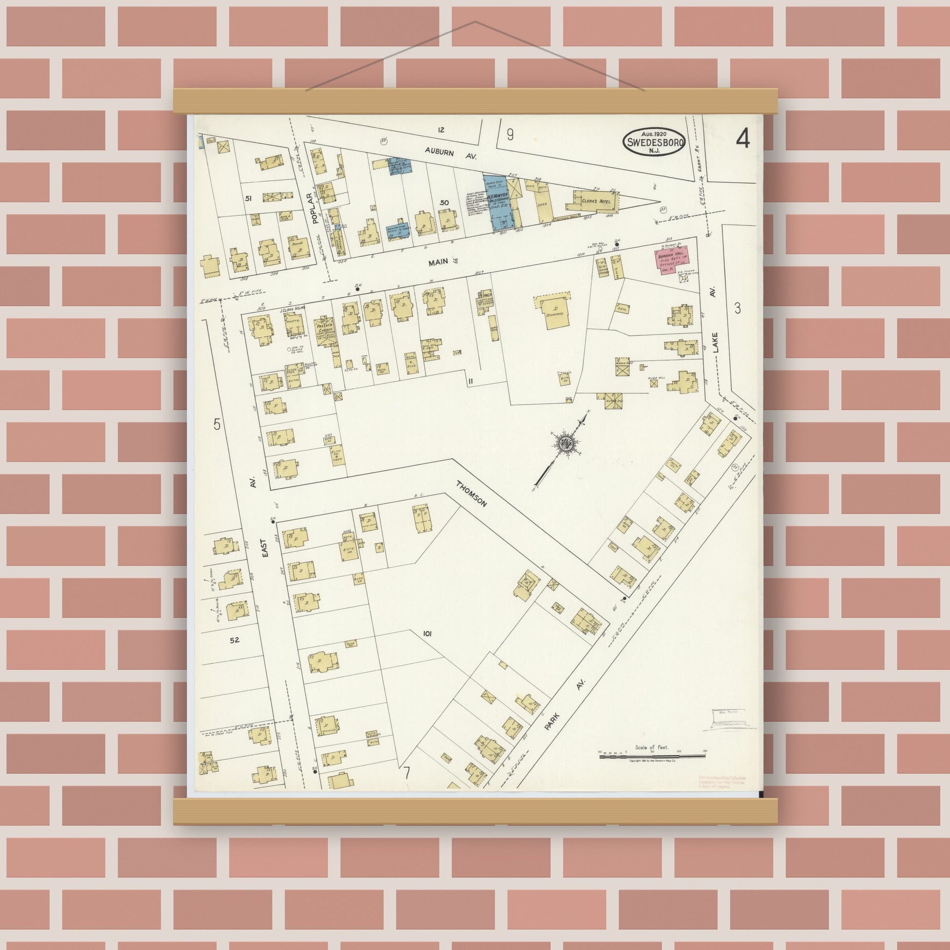 Old map wall art mockup — magnetic wood frame on brick wall — Sanborn Fire Insurance Map from Swedesboro, Gloucester County, New Jersey (1920), Sheet #0004
