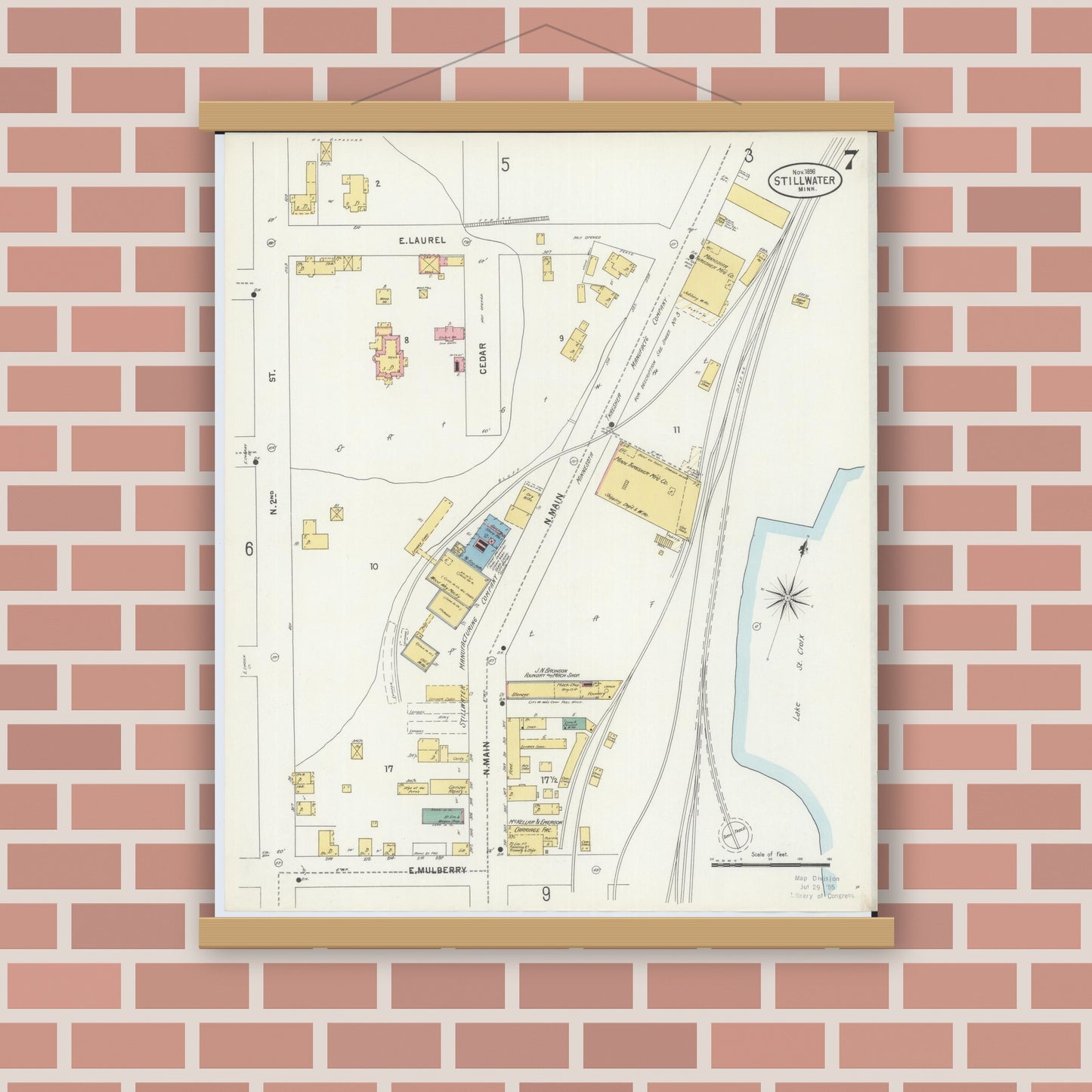 Old map wall art mockup — magnetic wood frame on brick wall — Sanborn Fire Insurance Map from Stillwater, Washington County, Minnesota (1898), Sheet #0007