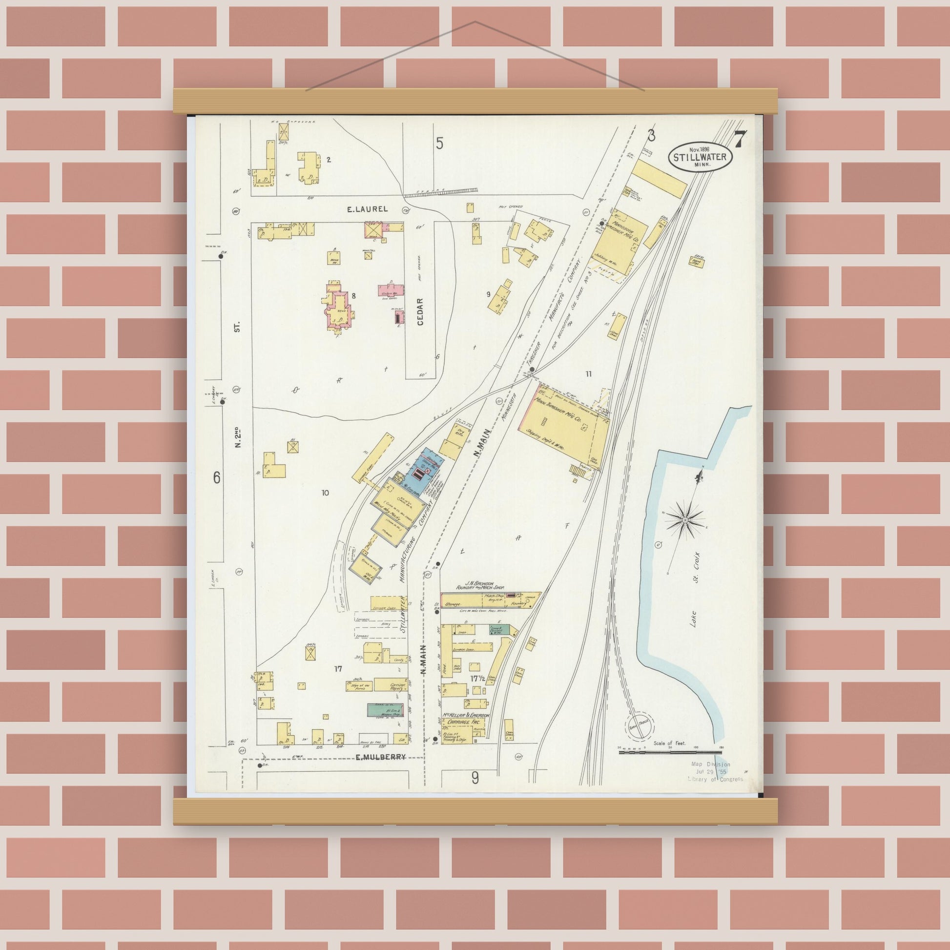 Old map wall art mockup — magnetic wood frame on brick wall — Sanborn Fire Insurance Map from Stillwater, Washington County, Minnesota (1898), Sheet #0007