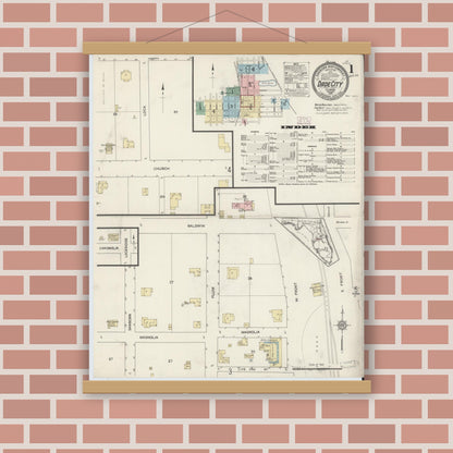 Old map wall art mockup — magnetic wood frame on brick wall — Sanborn Fire Insurance Map from Dade City, Pasco County, Florida (1914), Sheet #0001