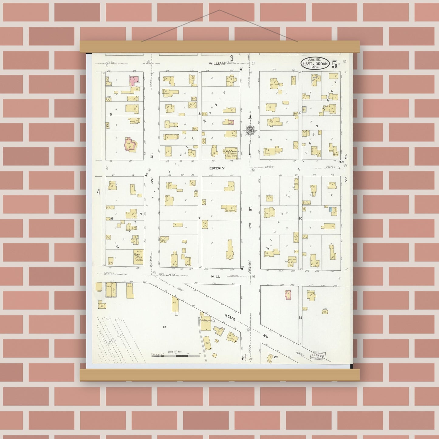 Old map wall art mockup — magnetic wood frame on brick wall — Sanborn Fire Insurance Map from East Jordan, Charlevoix County, Michigan (1912), Sheet #0005