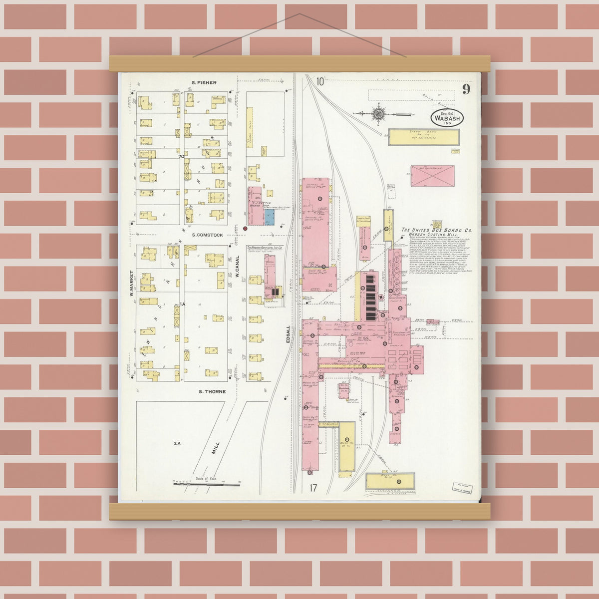 Old map wall art mockup — magnetic wood frame on brick wall — Sanborn Fire Insurance Map from Wabash, Wabash County, Indiana (1910), Sheet #0009