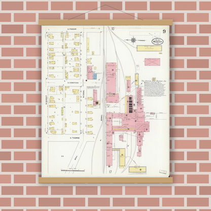 Old map wall art mockup — magnetic wood frame on brick wall — Sanborn Fire Insurance Map from Wabash, Wabash County, Indiana (1910), Sheet #0009