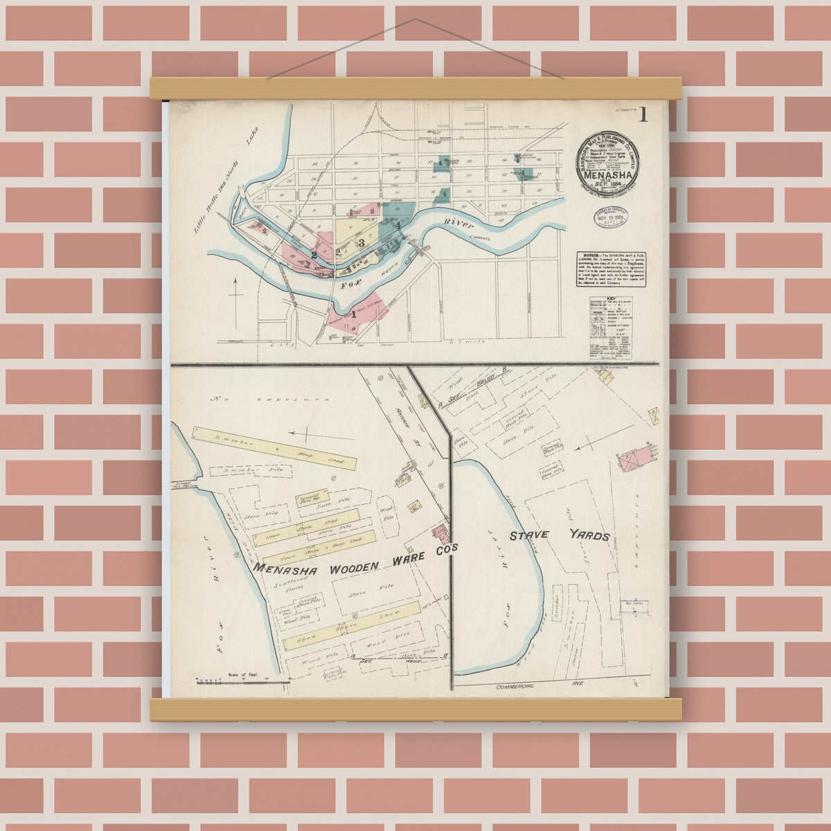 Old map wall art mockup — magnetic wood frame on brick wall — Sanborn Fire Insurance Map from Menasha, Winnebago County, Wisconsin (1884) - Complete Map Set