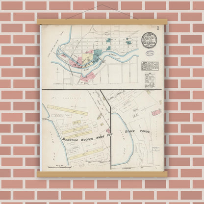 Old map wall art mockup — magnetic wood frame on brick wall — Sanborn Fire Insurance Map from Menasha, Winnebago County, Wisconsin (1884) - Complete Map Set