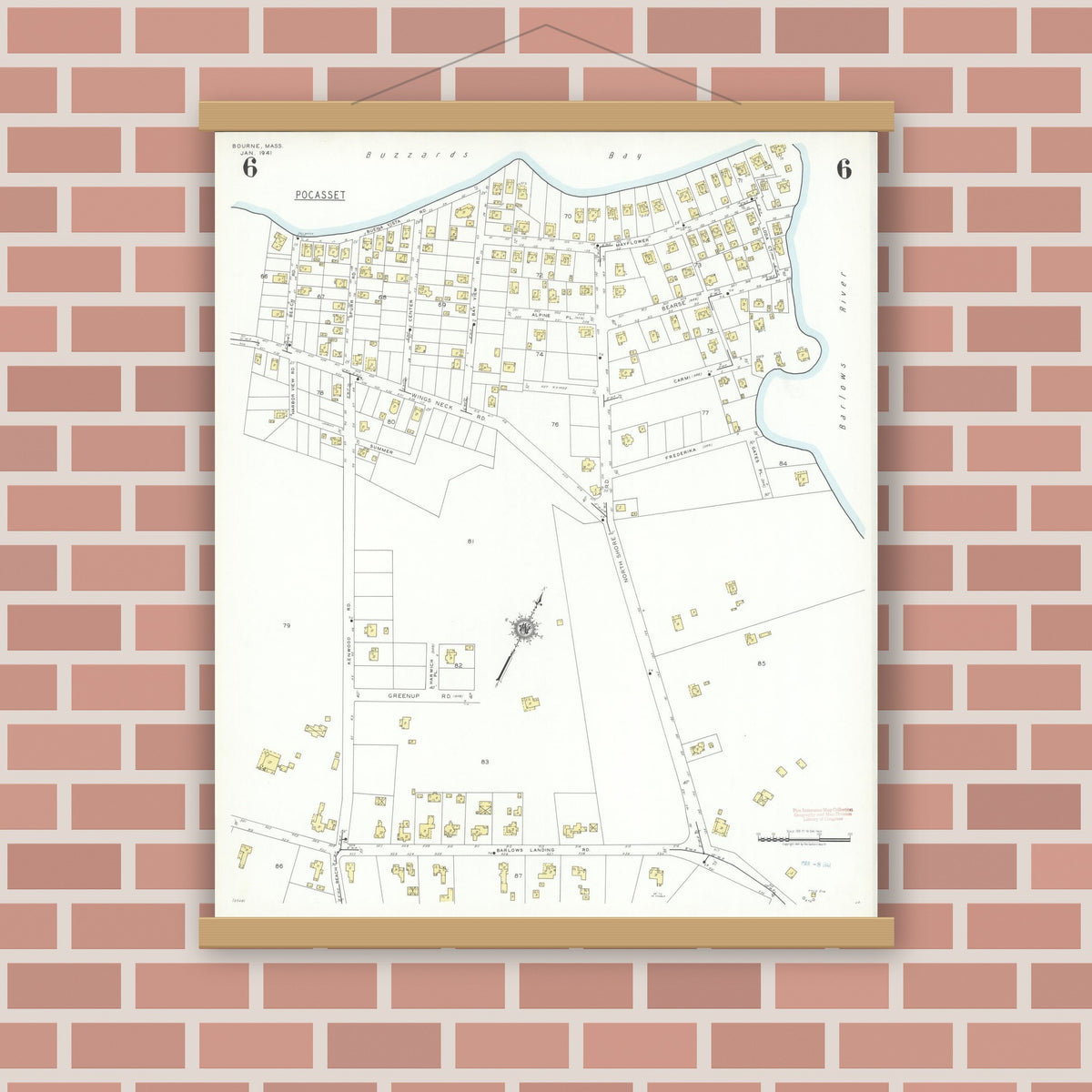 Old map wall art mockup — magnetic wood frame on brick wall — Sanborn Fire Insurance Map from Bourne, Barnstable County, Massachusetts (1941), Sheet #0006