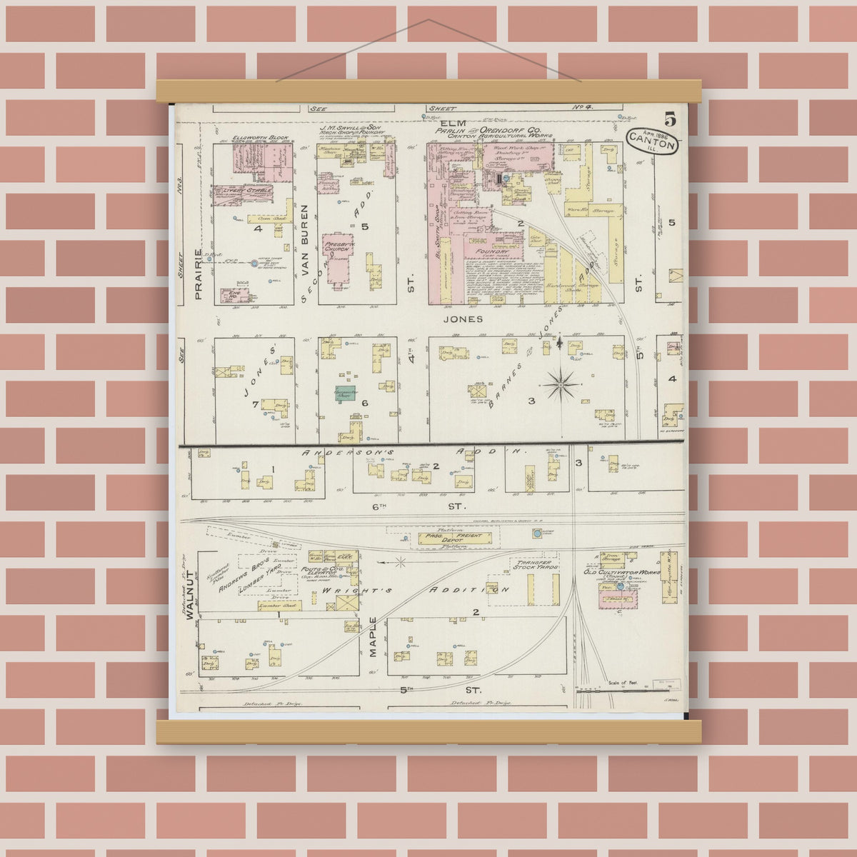 Old map wall art mockup — magnetic wood frame on brick wall — Sanborn Fire Insurance Map from Canton, Fulton County, Illinois (1886), Sheet #0005