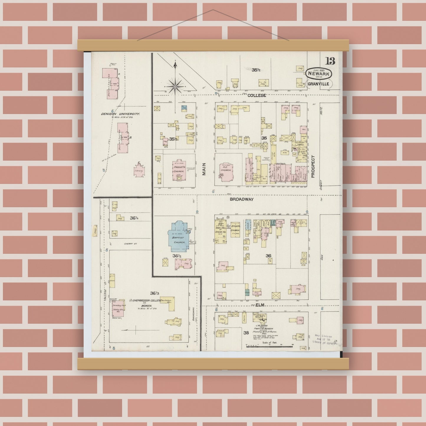 Old map wall art mockup — magnetic wood frame on brick wall — Sanborn Fire Insurance Map from Newark, Licking County, Ohio (1889), Sheet #0013
