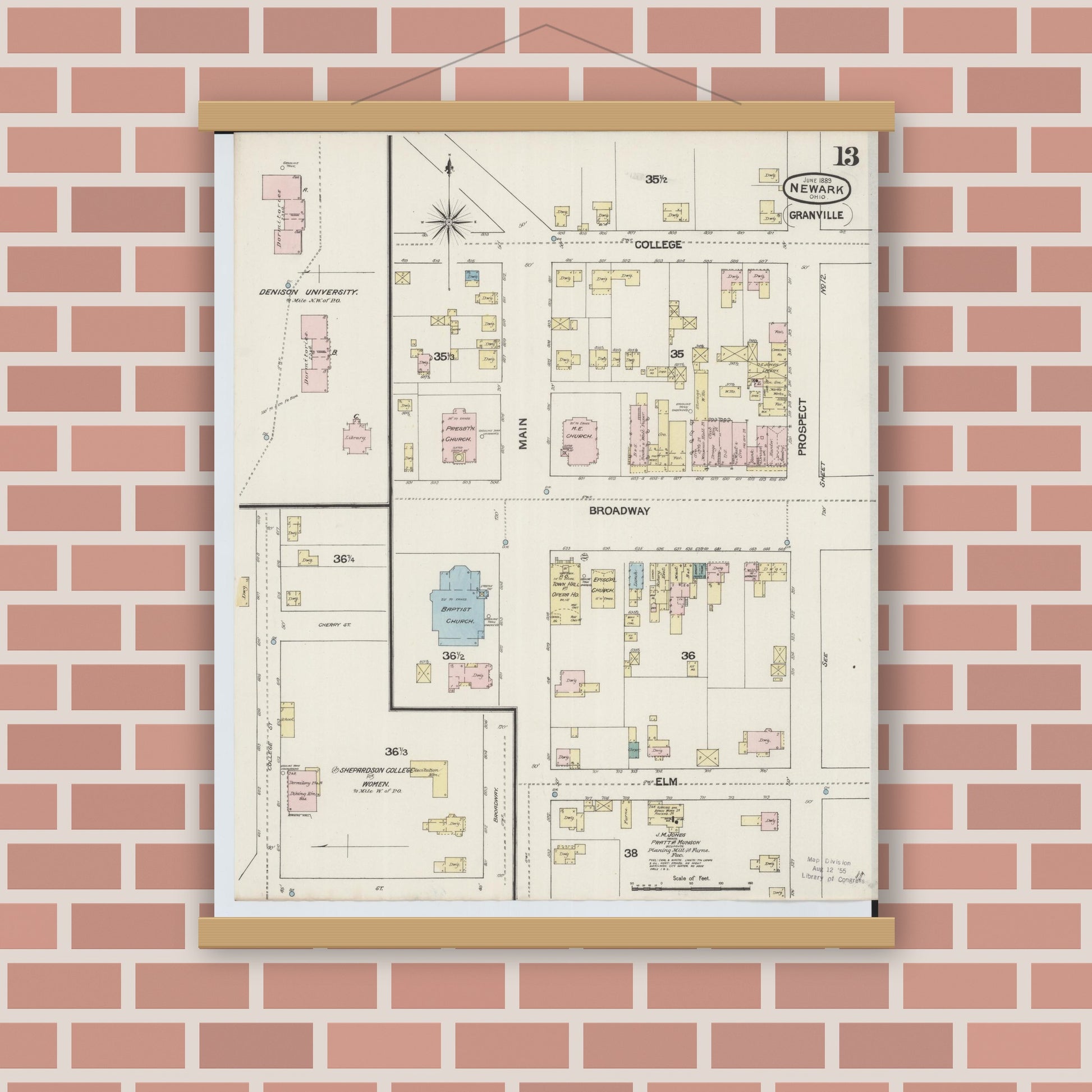 Old map wall art mockup — magnetic wood frame on brick wall — Sanborn Fire Insurance Map from Newark, Licking County, Ohio (1889), Sheet #0013