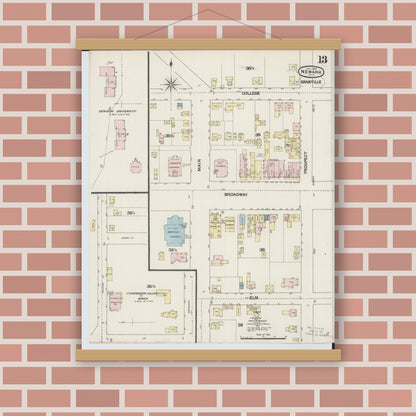 Old map wall art mockup — magnetic wood frame on brick wall — Sanborn Fire Insurance Map from Newark, Licking County, Ohio (1889), Sheet #0013