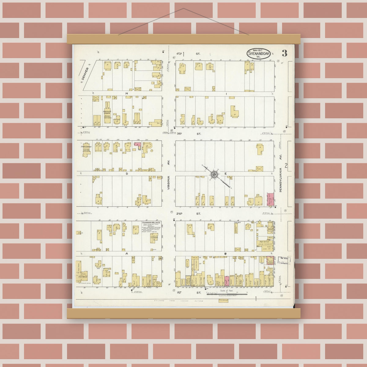 Old map wall art mockup — magnetic wood frame on brick wall — Sanborn Fire Insurance Map from Shenandoah, Page County, Virginia (1917), Sheet #0003