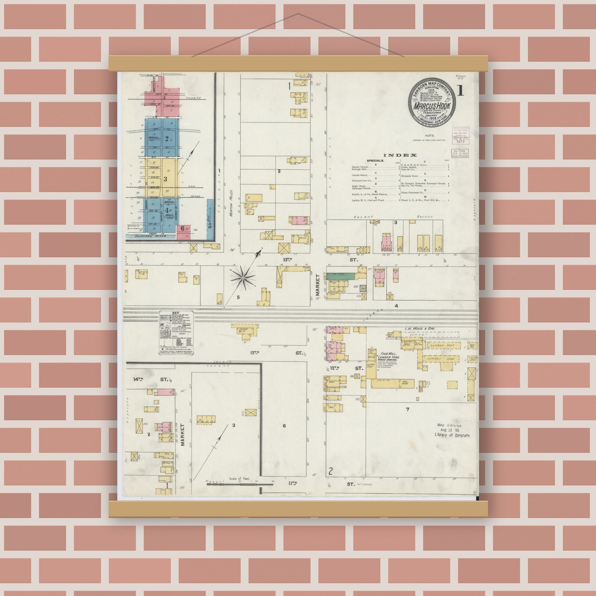Old map wall art mockup — magnetic wood frame on brick wall — Sanborn Fire Insurance Map from Marcus Hook, Chester County, Pennsylvania (1905) - Complete Map Set