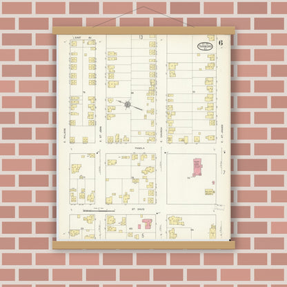 Old map wall art mockup — magnetic wood frame on brick wall — Sanborn Fire Insurance Map from Tarboro, Edgecombe County, North Carolina (1913), Sheet #0006