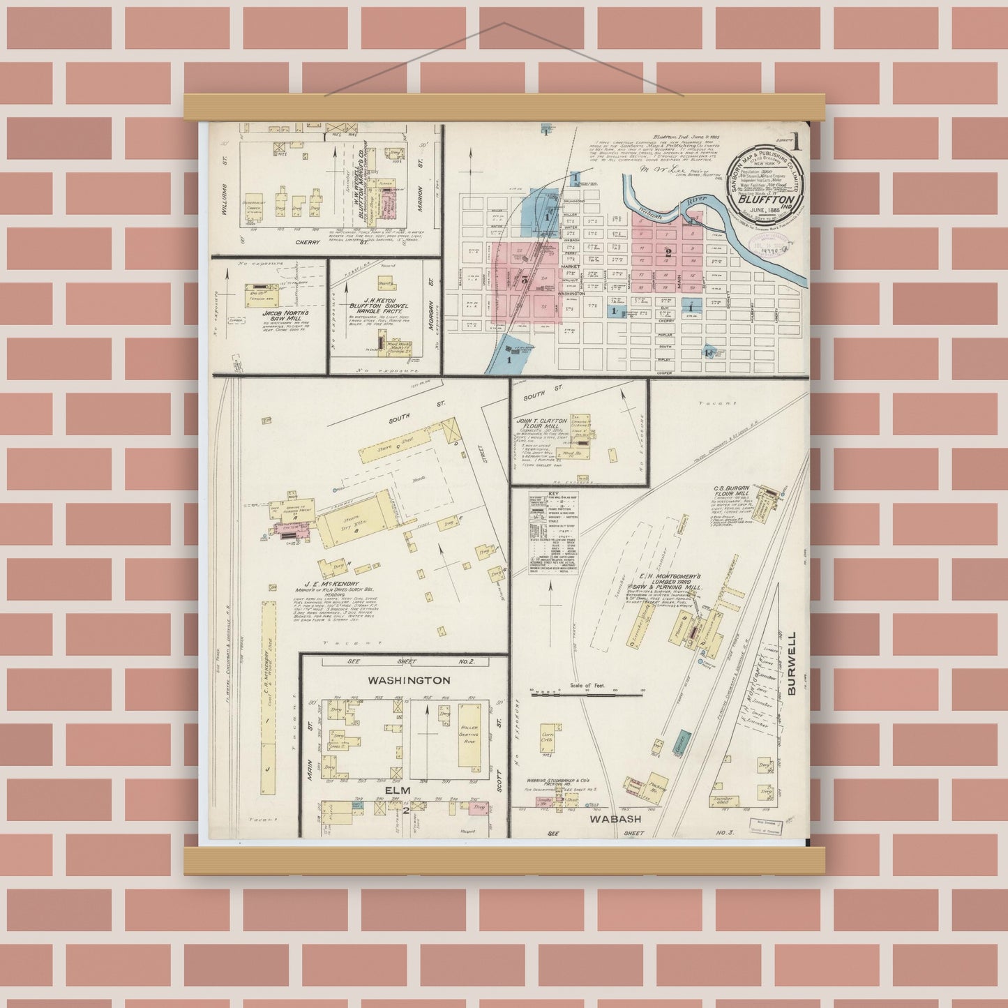 Old map wall art mockup — magnetic wood frame on brick wall — Sanborn Fire Insurance Map from Bluffton, Wells County, Indiana (1885) - Complete Map Set