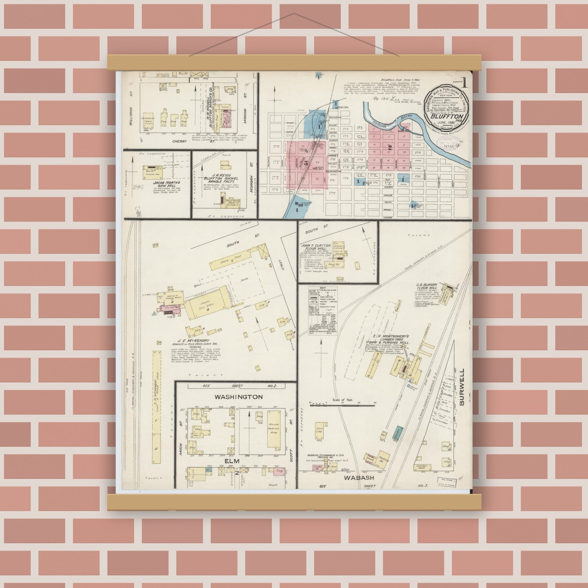 Old map wall art mockup — magnetic wood frame on brick wall — Sanborn Fire Insurance Map from Bluffton, Wells County, Indiana (1885) - Complete Map Set