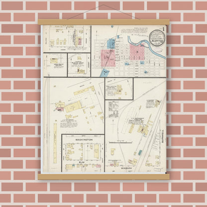 Old map wall art mockup — magnetic wood frame on brick wall — Sanborn Fire Insurance Map from Bluffton, Wells County, Indiana (1885) - Complete Map Set