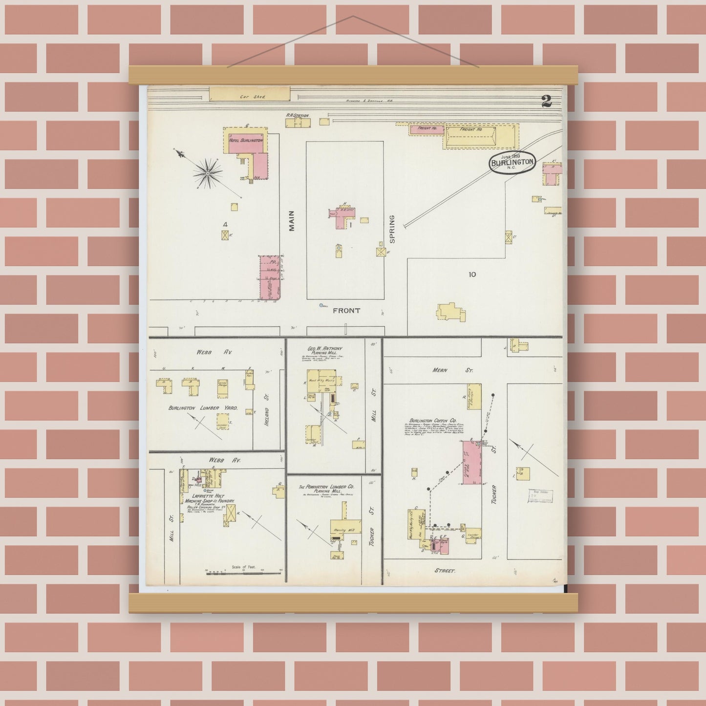 Old map wall art mockup — magnetic wood frame on brick wall — Sanborn Fire Insurance Map from Burlington, Alamance County, North Carolina (1893), Sheet #0002
