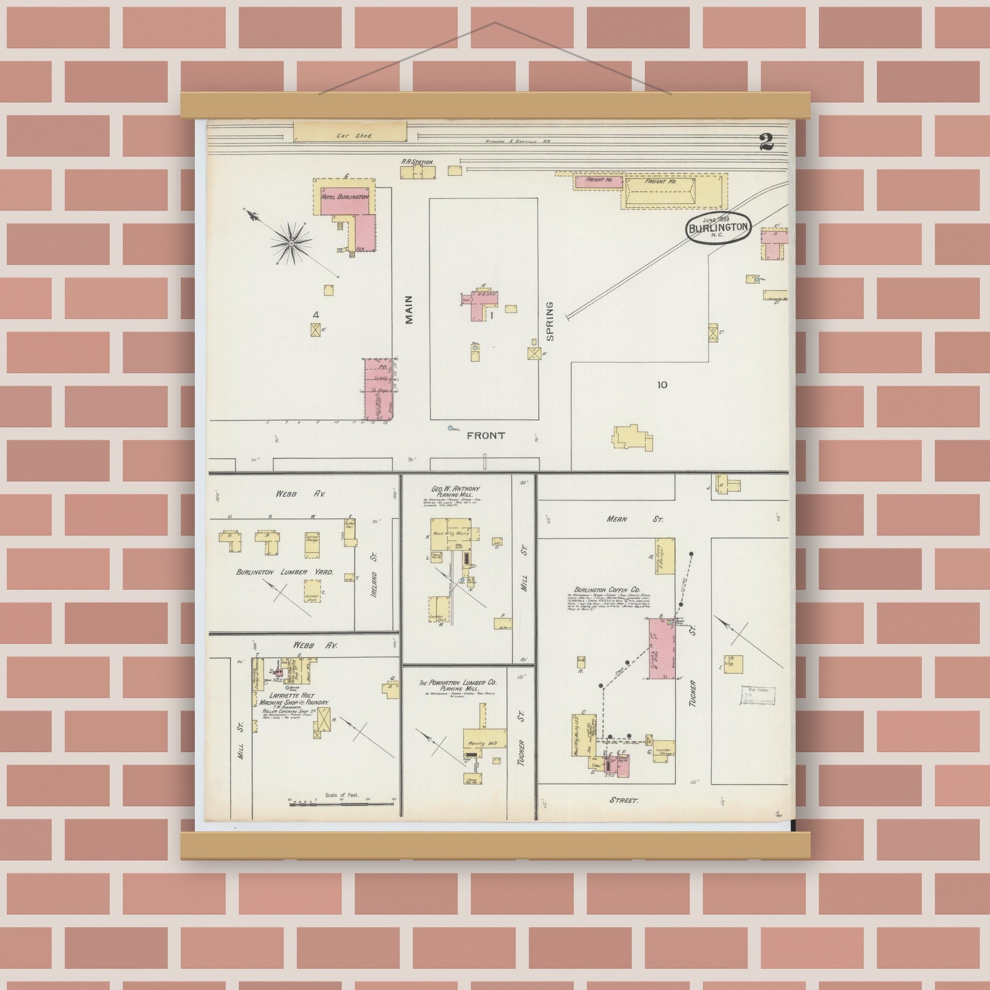 Old map wall art mockup — magnetic wood frame on brick wall — Sanborn Fire Insurance Map from Burlington, Alamance County, North Carolina (1893), Sheet #0002