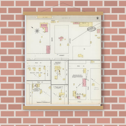 Old map wall art mockup — magnetic wood frame on brick wall — Sanborn Fire Insurance Map from Burlington, Alamance County, North Carolina (1893), Sheet #0002