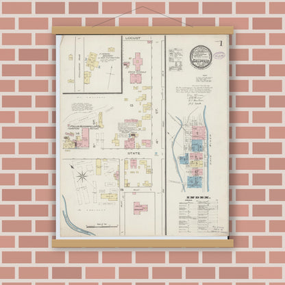 Old map wall art mockup — magnetic wood frame on brick wall — Sanborn Fire Insurance Map from Gallipolis, Gallia County, Ohio (1885), Sheet #0001