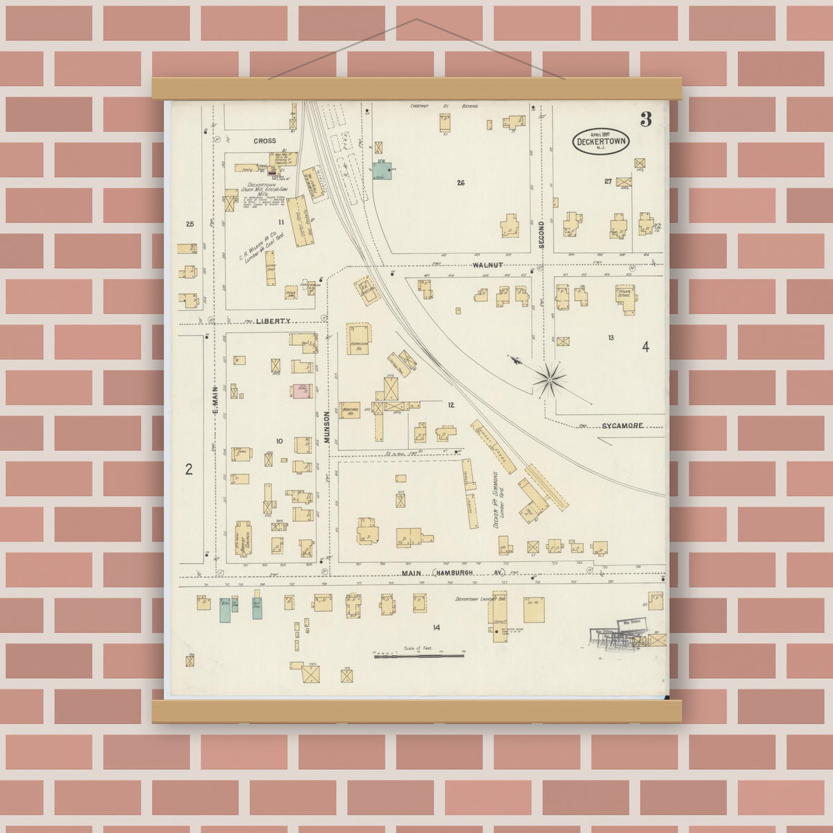 Old map wall art mockup — magnetic wood frame on brick wall — Sanborn Fire Insurance Map from Deckertown, Sussex County, New Jersey (1897), Sheet #0003