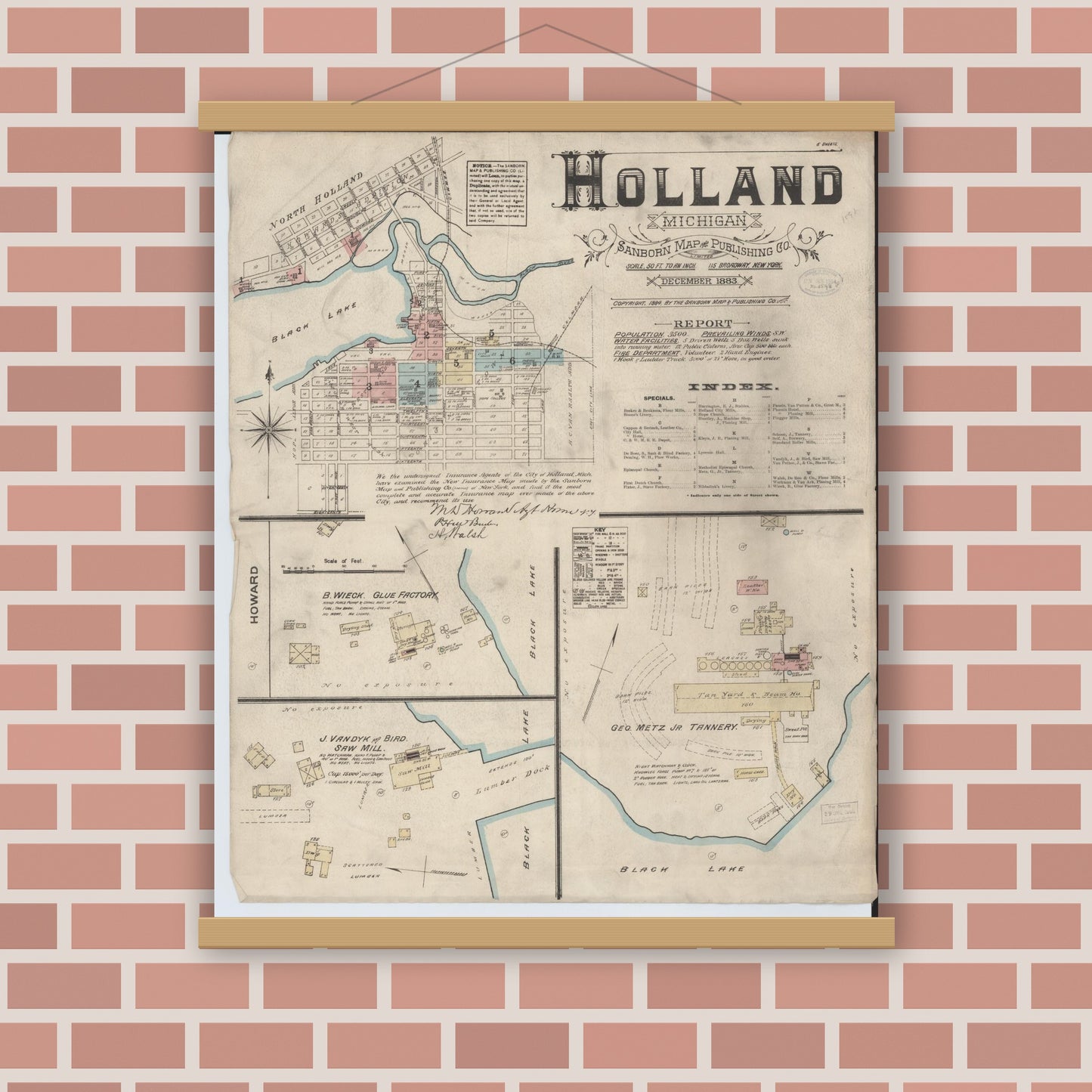Old map wall art mockup — magnetic wood frame on brick wall — Sanborn Fire Insurance Map from Holland, Ottawa County, Michigan (1883), Sheet #0001