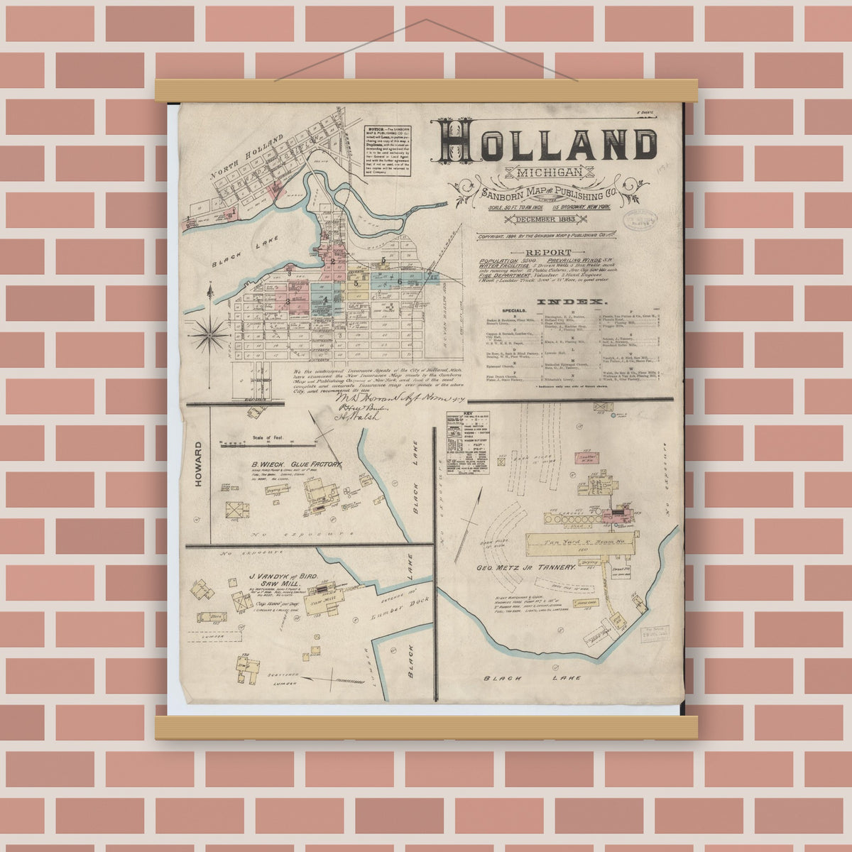 Old map wall art mockup — magnetic wood frame on brick wall — Sanborn Fire Insurance Map from Holland, Ottawa County, Michigan (1883), Sheet #0001