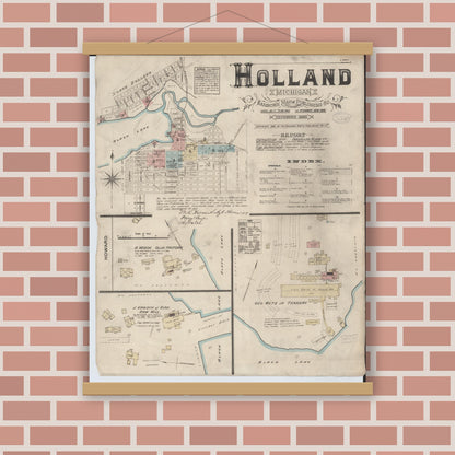 Old map wall art mockup — magnetic wood frame on brick wall — Sanborn Fire Insurance Map from Holland, Ottawa County, Michigan (1883), Sheet #0001