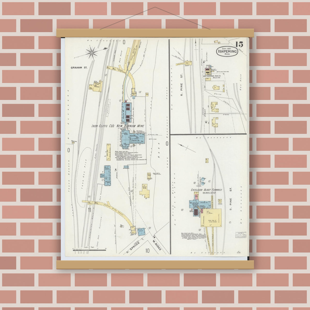 Old map wall art mockup — magnetic wood frame on brick wall — Sanborn Fire Insurance Map from Ishpeming, Marquette County, Michigan (1897), Sheet #0015
