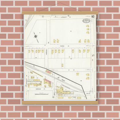 Old map wall art mockup — magnetic wood frame on brick wall — Sanborn Fire Insurance Map from Riverton, Burlington County, New Jersey (1911), Sheet #0012