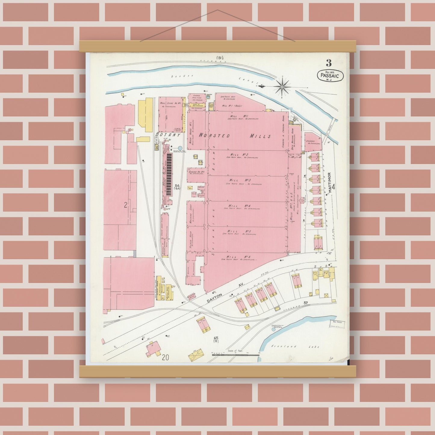 Old map wall art mockup — magnetic wood frame on brick wall — Sanborn Fire Insurance Map from Passaic, Passaic County, New Jersey (1903), Sheet #0003