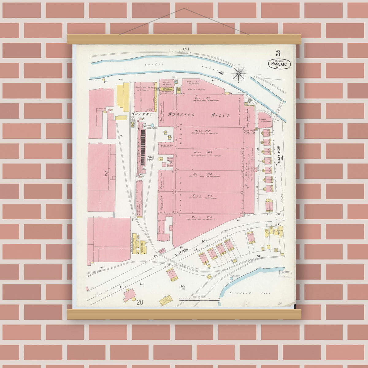 Old map wall art mockup — magnetic wood frame on brick wall — Sanborn Fire Insurance Map from Passaic, Passaic County, New Jersey (1903), Sheet #0003