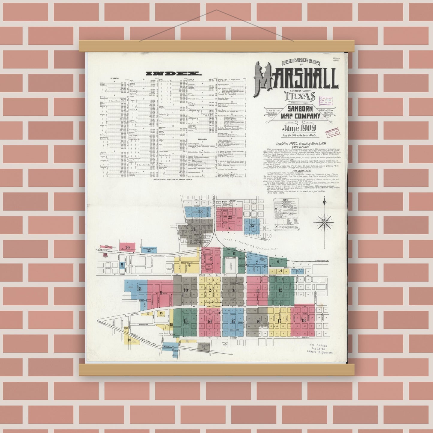 Old map wall art mockup — magnetic wood frame on brick wall — Sanborn Fire Insurance Map from Marshall, Harrison County, Texas (1909) - Complete Map Set