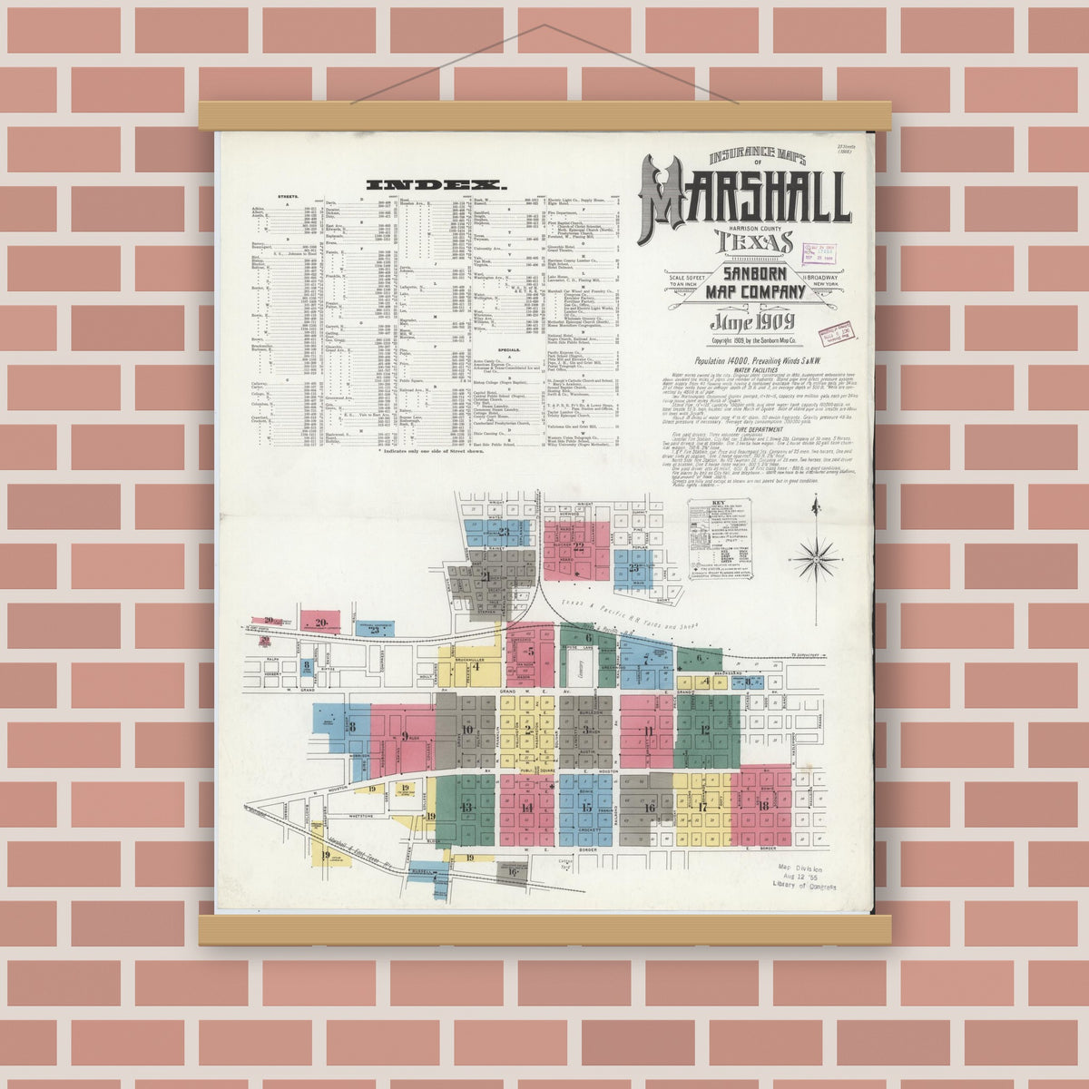 Old map wall art mockup — magnetic wood frame on brick wall — Sanborn Fire Insurance Map from Marshall, Harrison County, Texas (1909) - Complete Map Set