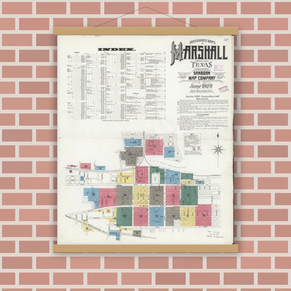 Old map wall art mockup — magnetic wood frame on brick wall — Sanborn Fire Insurance Map from Marshall, Harrison County, Texas (1909) - Complete Map Set