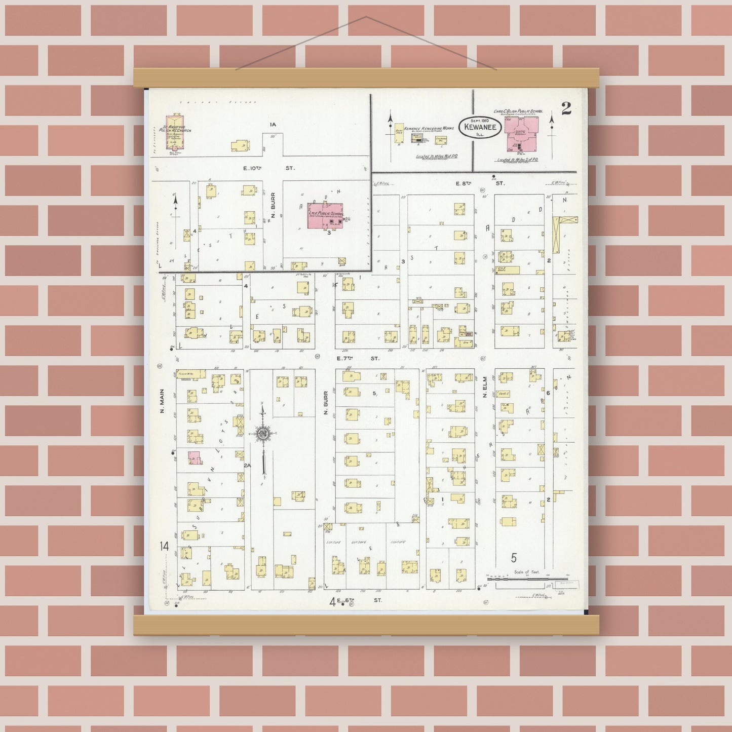 Old map wall art mockup — magnetic wood frame on brick wall — Sanborn Fire Insurance Map from Kewanee, Henry County, Illinois (1910), Sheet #0002