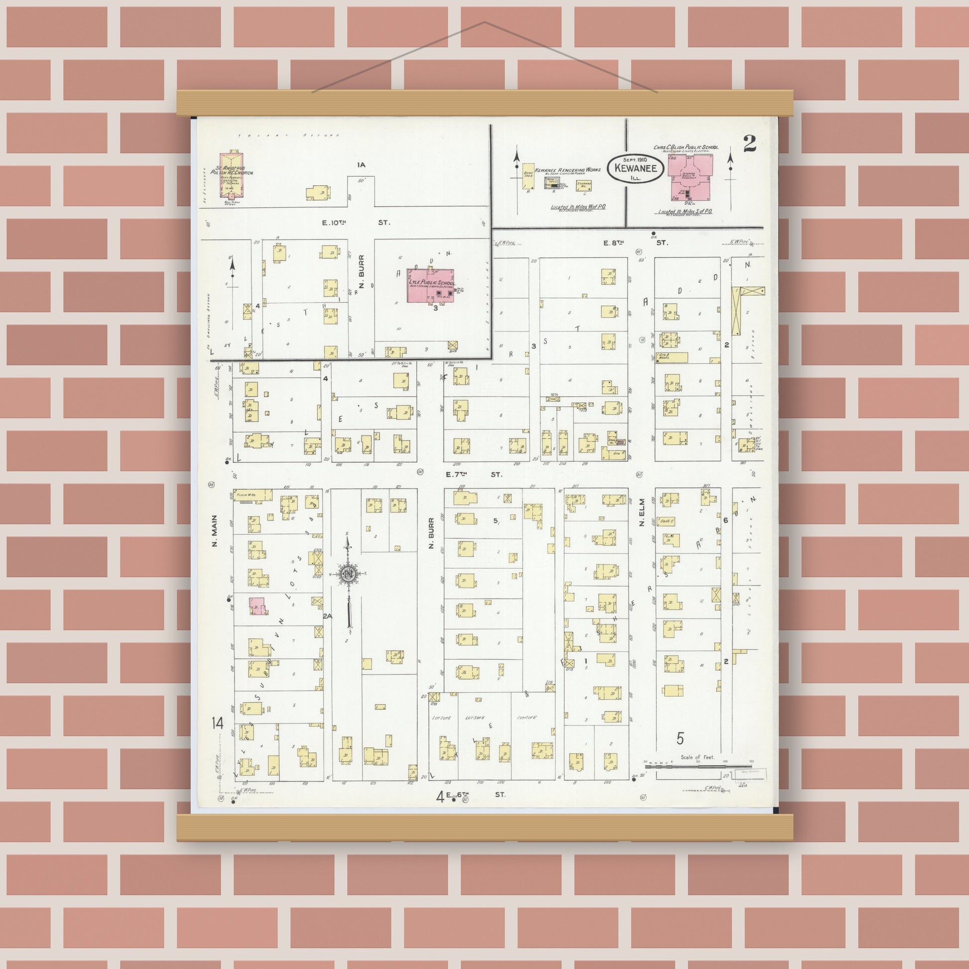 Old map wall art mockup — magnetic wood frame on brick wall — Sanborn Fire Insurance Map from Kewanee, Henry County, Illinois (1910), Sheet #0002