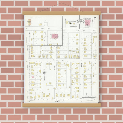 Old map wall art mockup — magnetic wood frame on brick wall — Sanborn Fire Insurance Map from Kewanee, Henry County, Illinois (1910), Sheet #0002