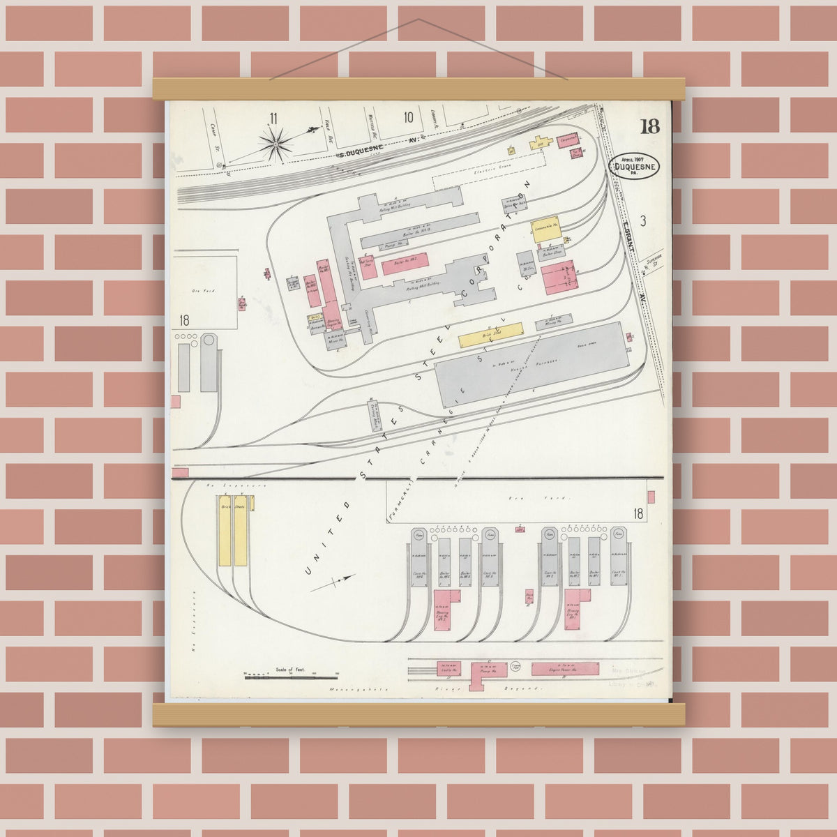 Old map wall art mockup — magnetic wood frame on brick wall — Sanborn Fire Insurance Map from Duquesne, Allegheny County, Pennsylvania (1907), Sheet #0018