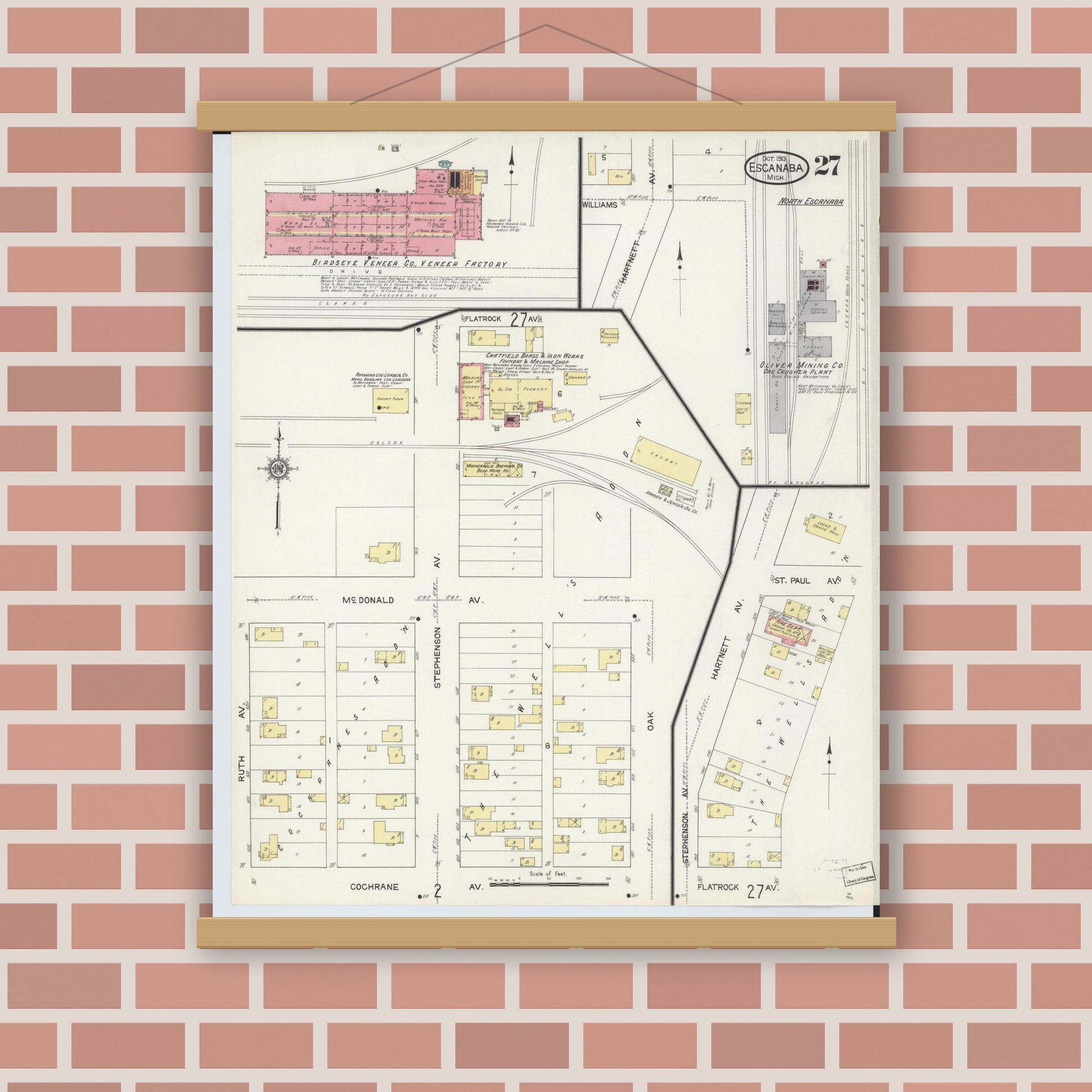 Old map wall art mockup — magnetic wood frame on brick wall — Sanborn Fire Insurance Map from Escanaba, Delta County, Michigan (1913), Sheet #0027
